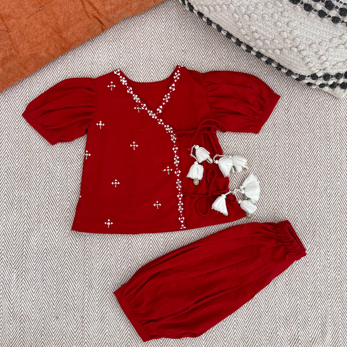 Organic Cotton Red Embroidered Angrakha Set for Girls