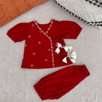 Organic Cotton Red Embroidered Angrakha Set for Girls