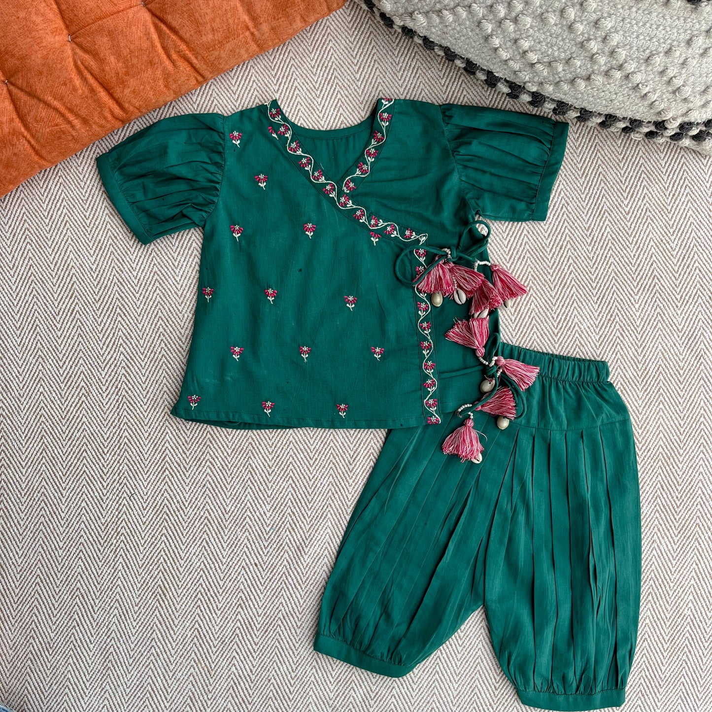 Organic Cotton Green Embroidered Angrakha Set for Girls