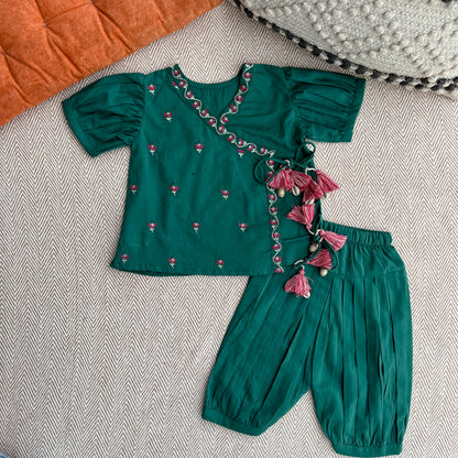 Organic Cotton Green Embroidered Angrakha Set for Girls