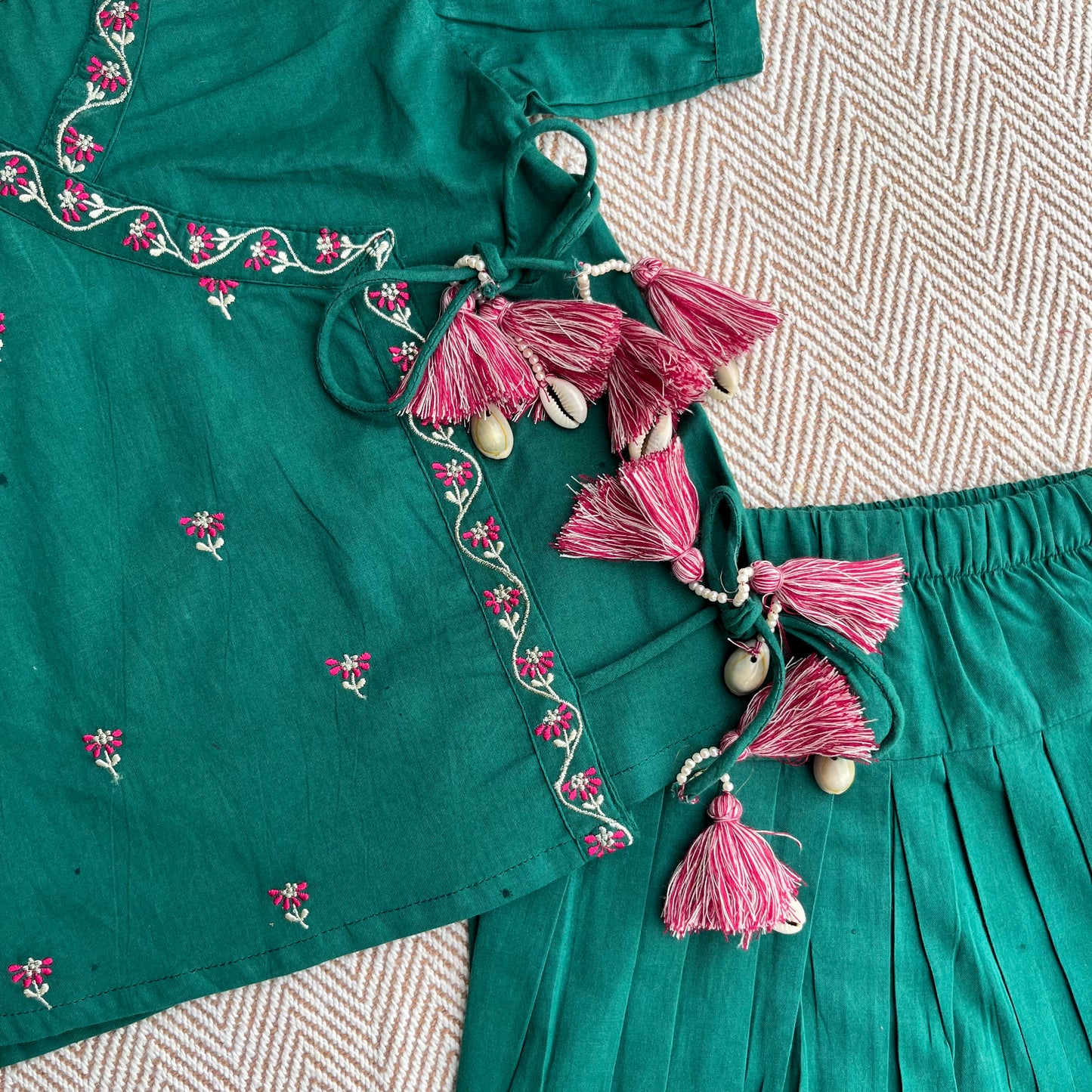 Organic Cotton Green Embroidered Angrakha Set for Girls
