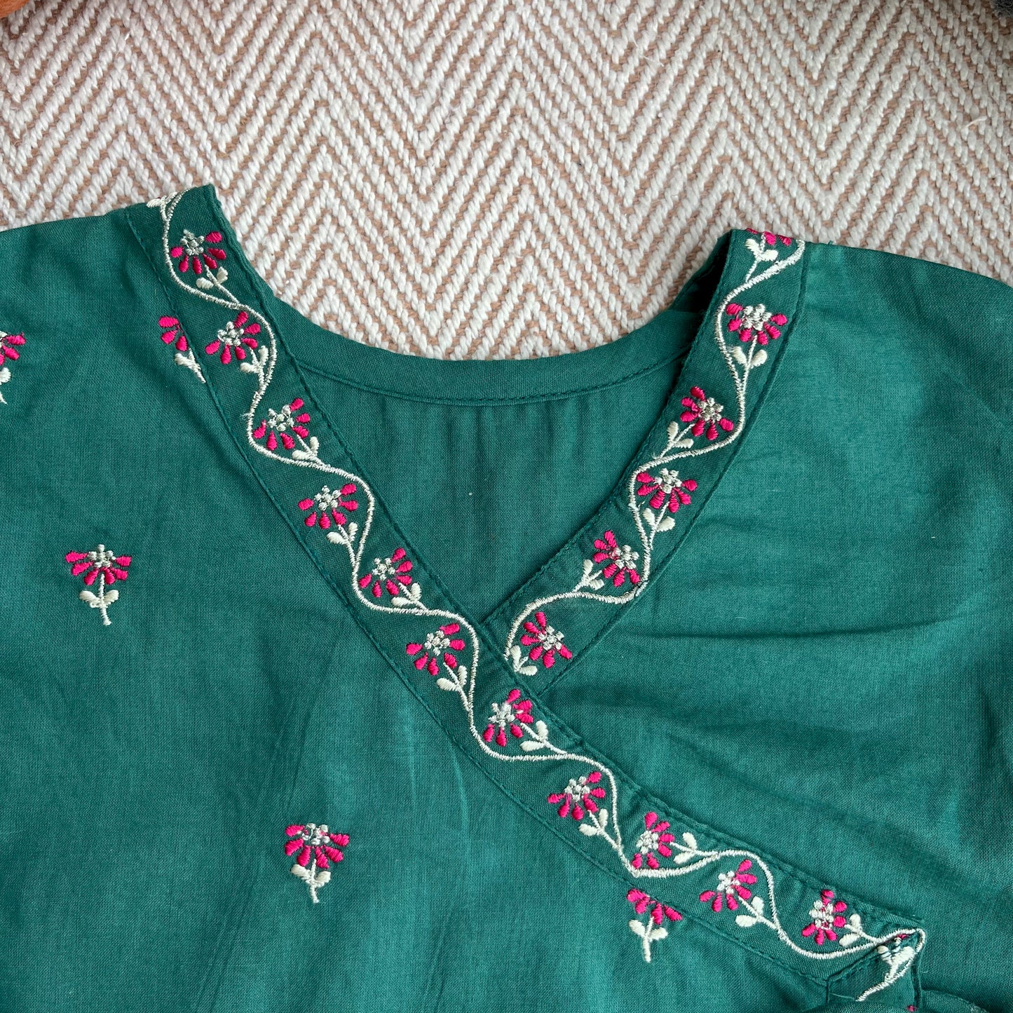 Organic Cotton Green Embroidered Angrakha Set for Girls