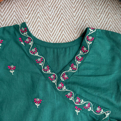 Organic Cotton Green Embroidered Angrakha Set for Girls