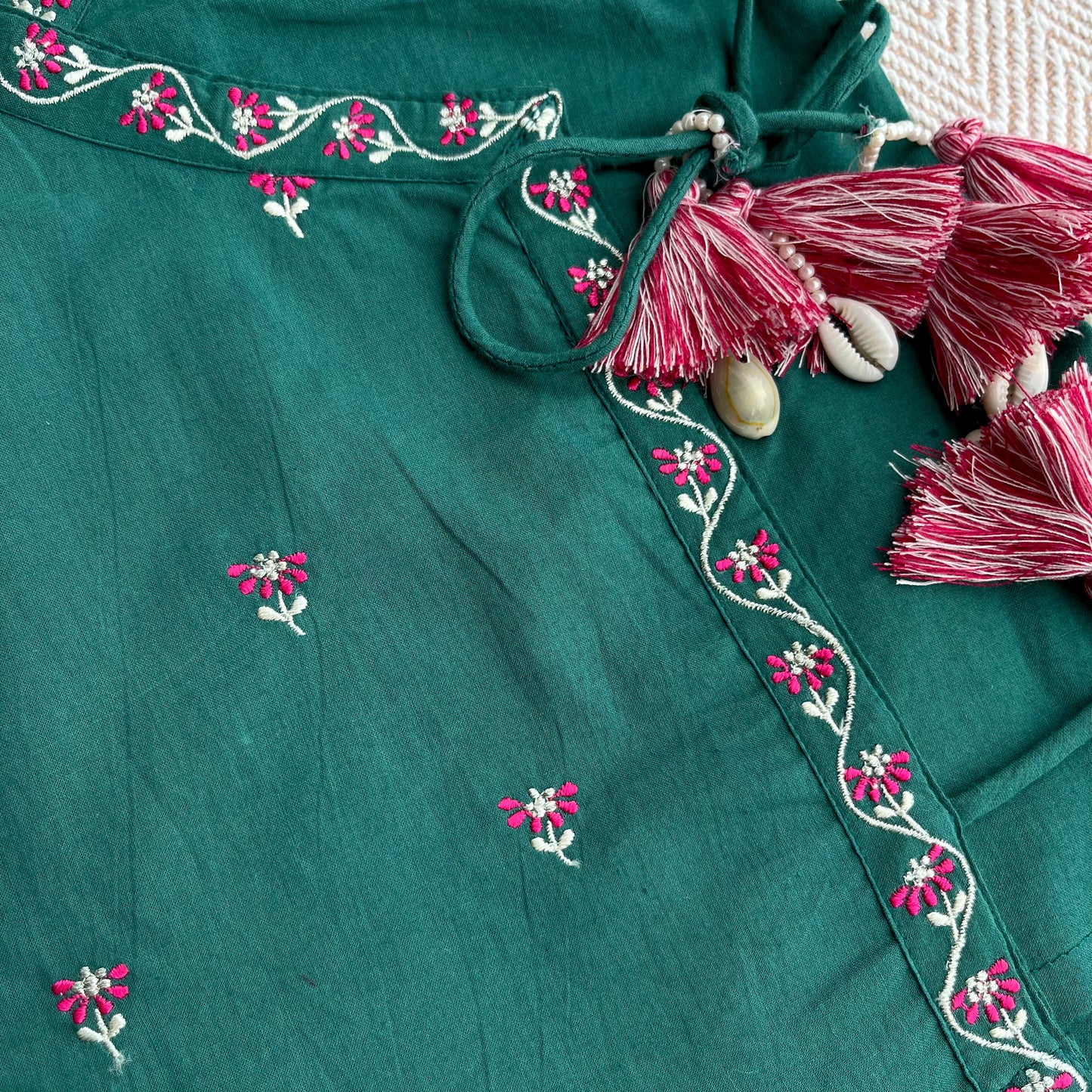 Organic Cotton Green Embroidered Angrakha Set for Girls