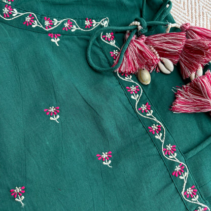 Organic Cotton Green Embroidered Angrakha Set for Girls