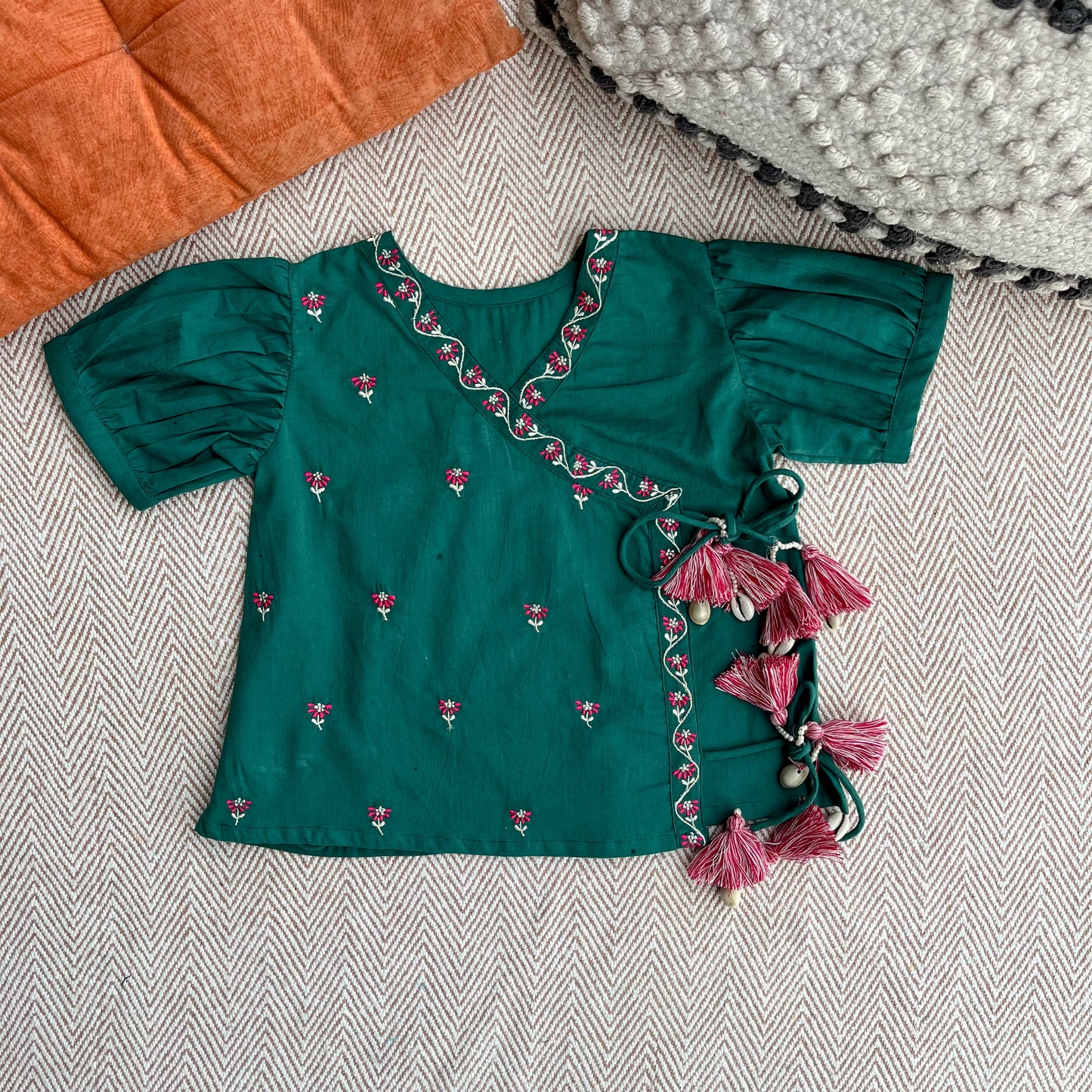Organic Cotton Green Embroidered Angrakha Set for Girls