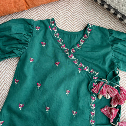 Organic Cotton Green Embroidered Angrakha Set for Girls