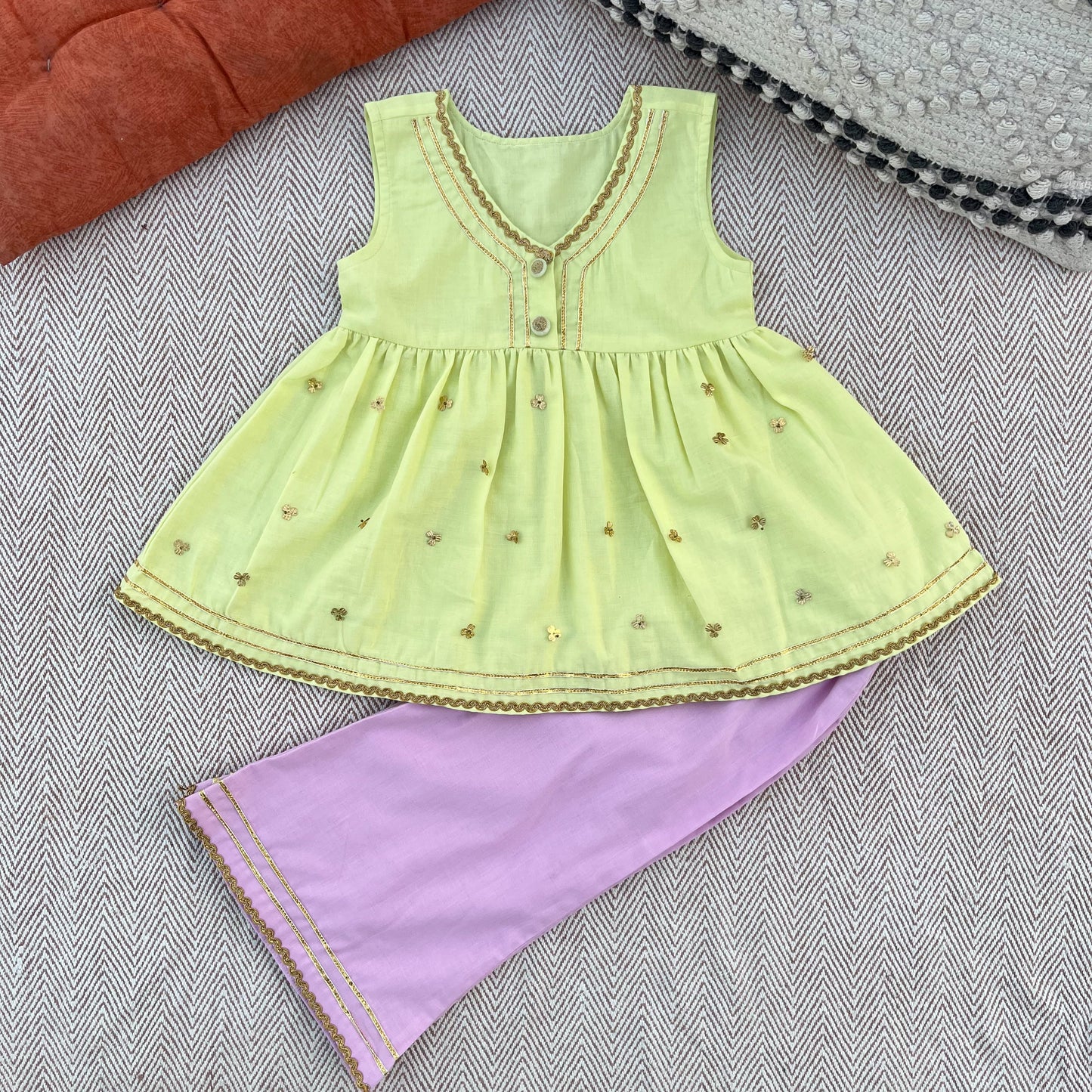 Organic Cotton 'Festive Golden' Kurta Set for Girls