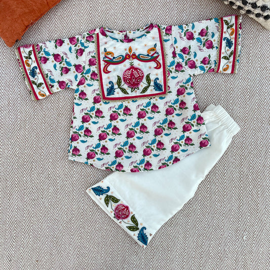 Chanderi 'Anaar and Peacock' Embroidered Kurta set for Girls