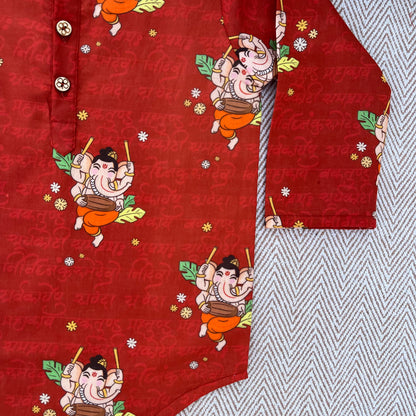 Organic Cotton Unisex 'Bappa Morya' Kurta Set (Red)