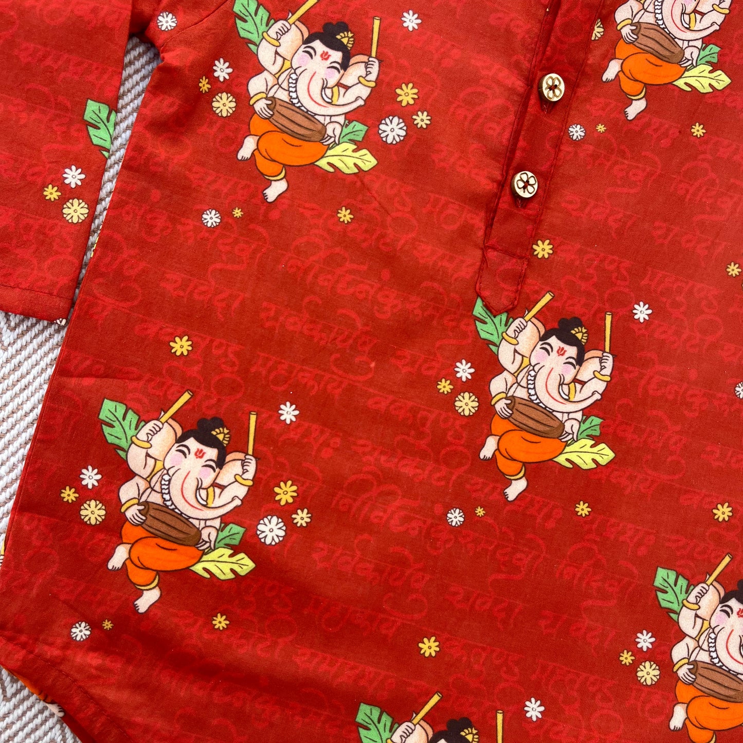 Organic Cotton Unisex 'Bappa Morya' Kurta Set (Red)