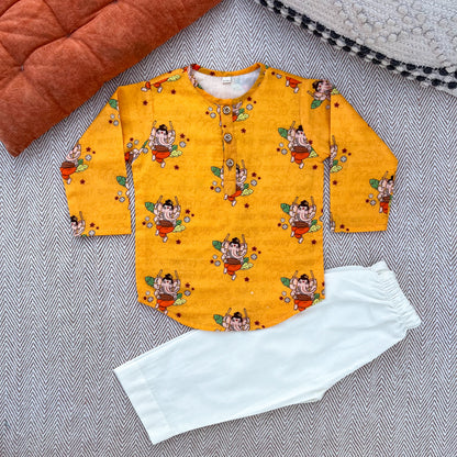 Organic Cotton Unisex 'Bappa Morya' Kurta Set (Yellow)