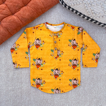 Organic Cotton Unisex 'Bappa Morya' Kurta Set (Yellow)