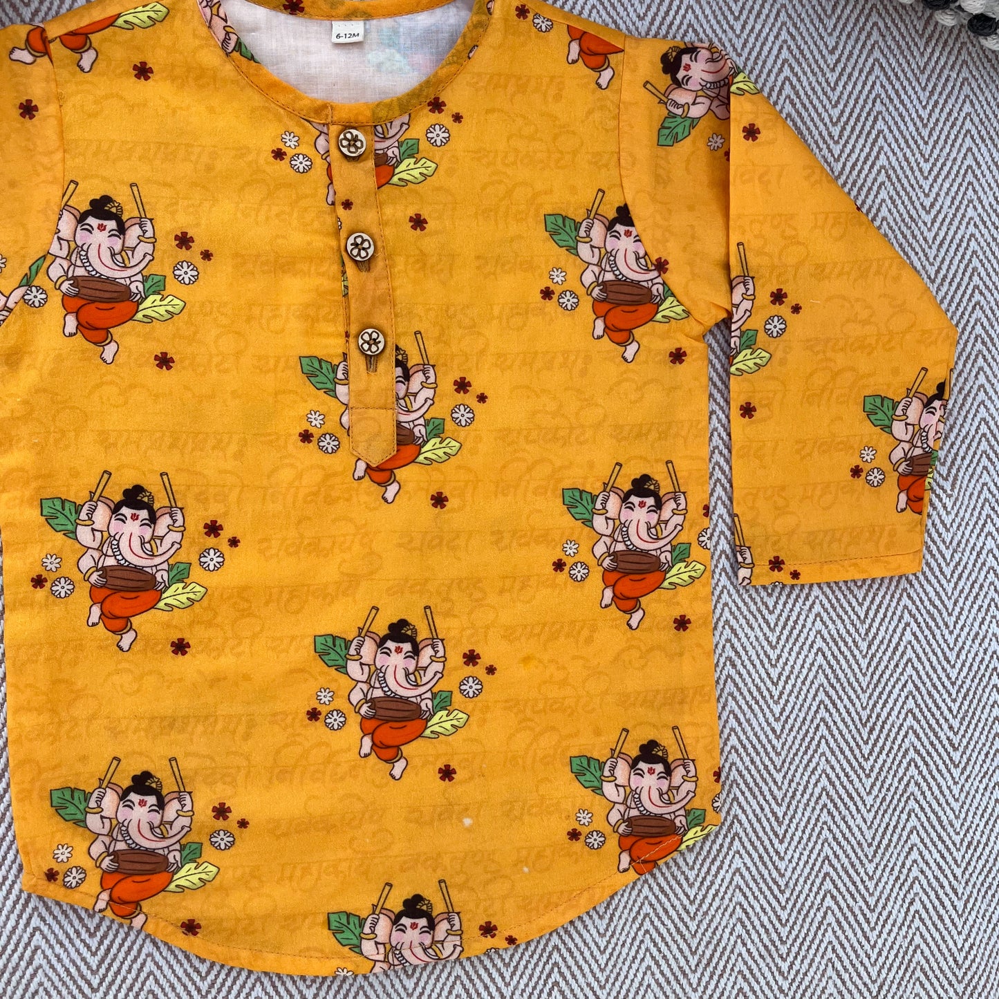 Organic Cotton Unisex 'Bappa Morya' Kurta Set (Yellow)