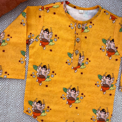 Organic Cotton Unisex 'Bappa Morya' Kurta Set (Yellow)