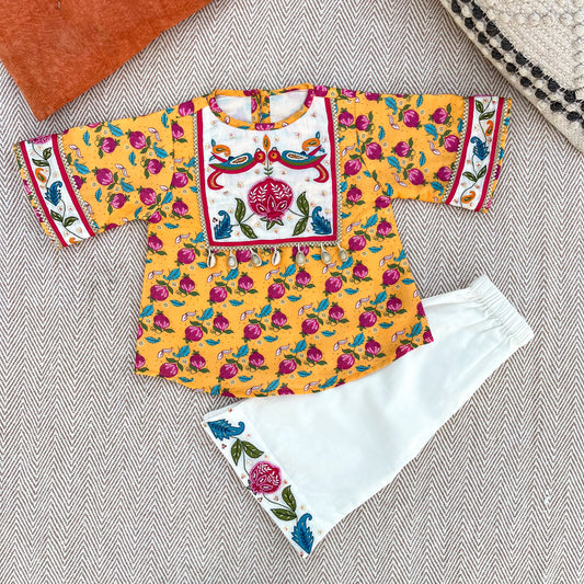 Chanderi 'Anaar and Peacock' Embroidered Yellow Kurta set for Girls