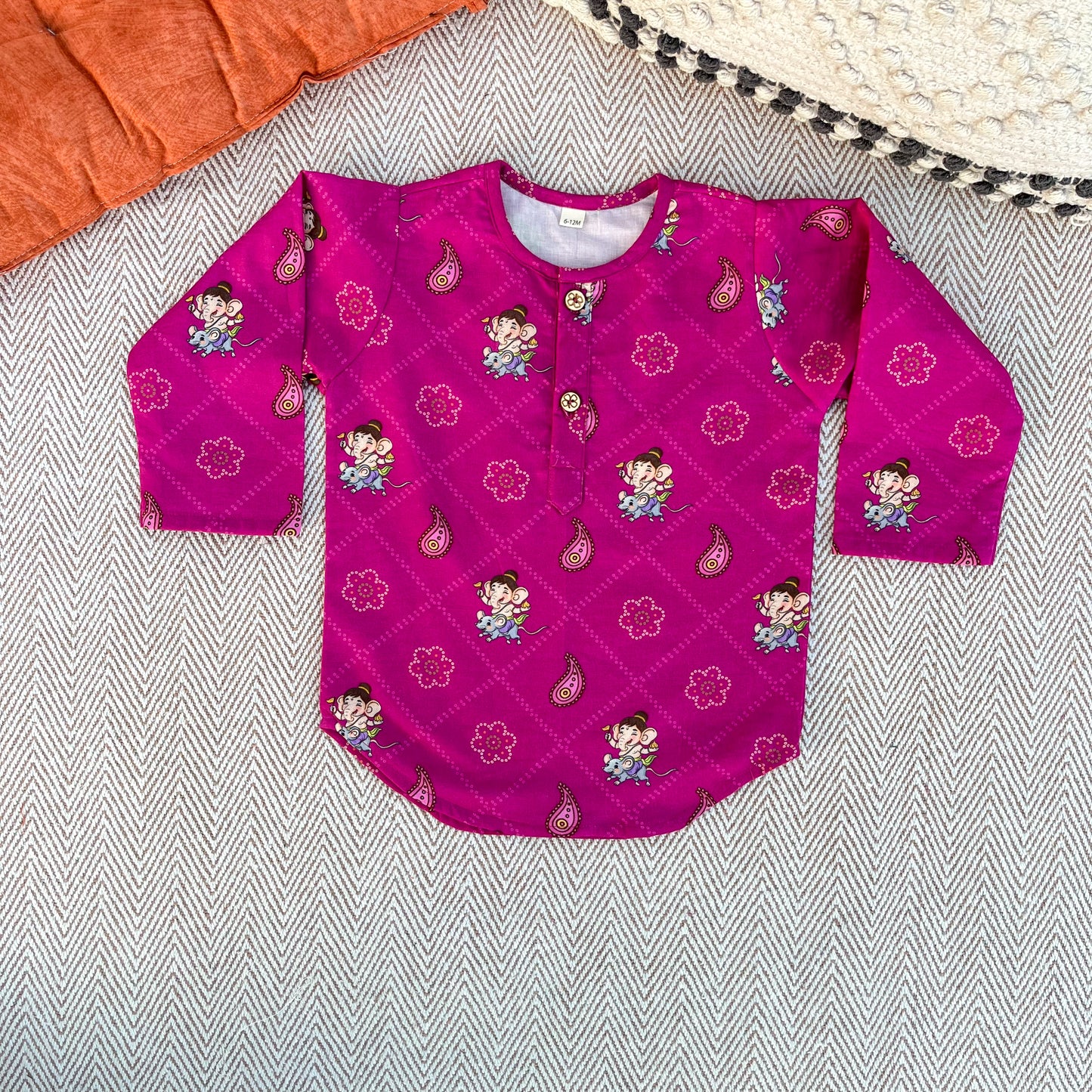 Organic Cotton Unisex 'Bappa Morya' Bandhej Kurta Set (Purple)