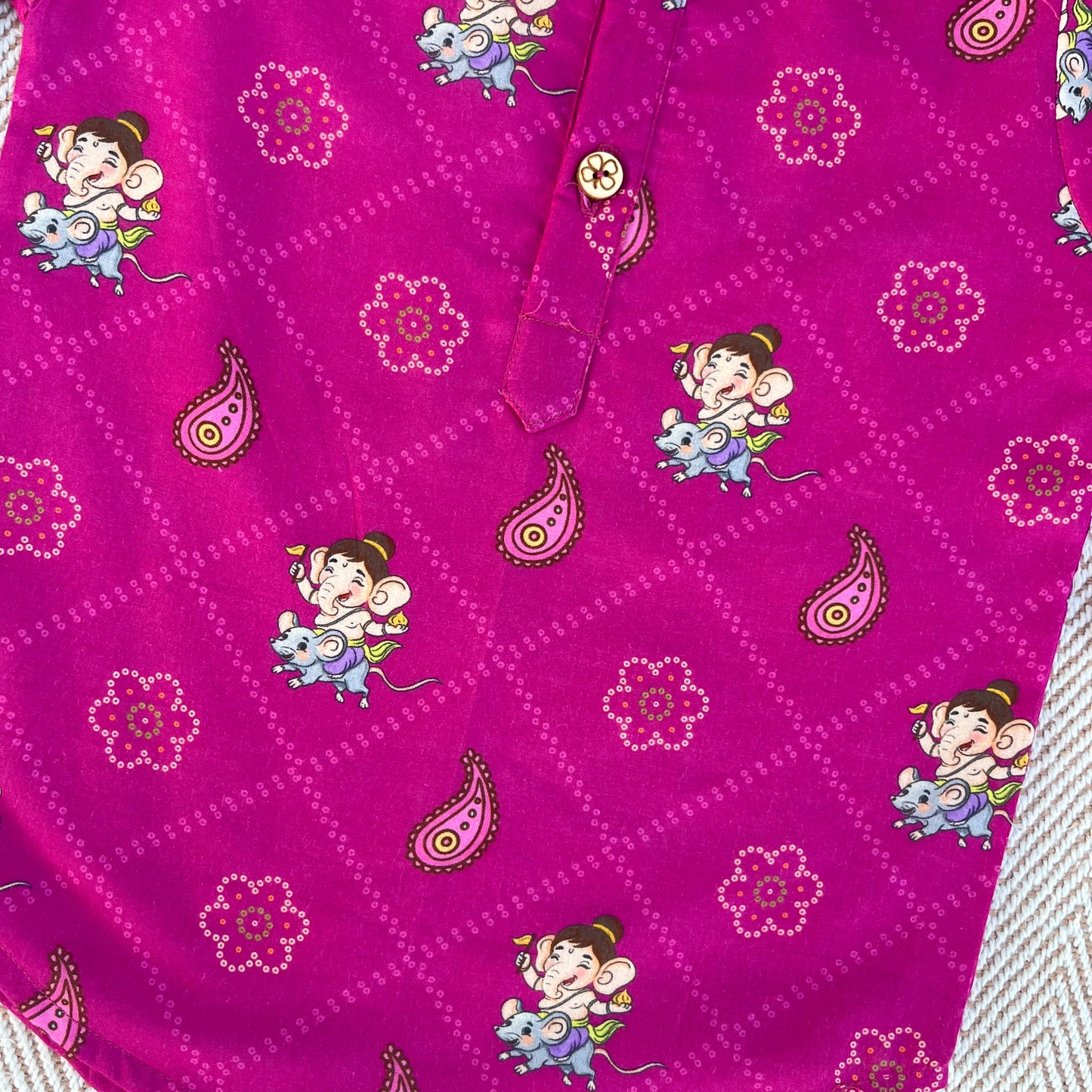 Organic Cotton Unisex 'Bappa Morya' Bandhej Kurta Set (Purple)