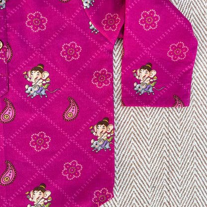 Organic Cotton Unisex 'Bappa Morya' Bandhej Kurta Set (Purple)