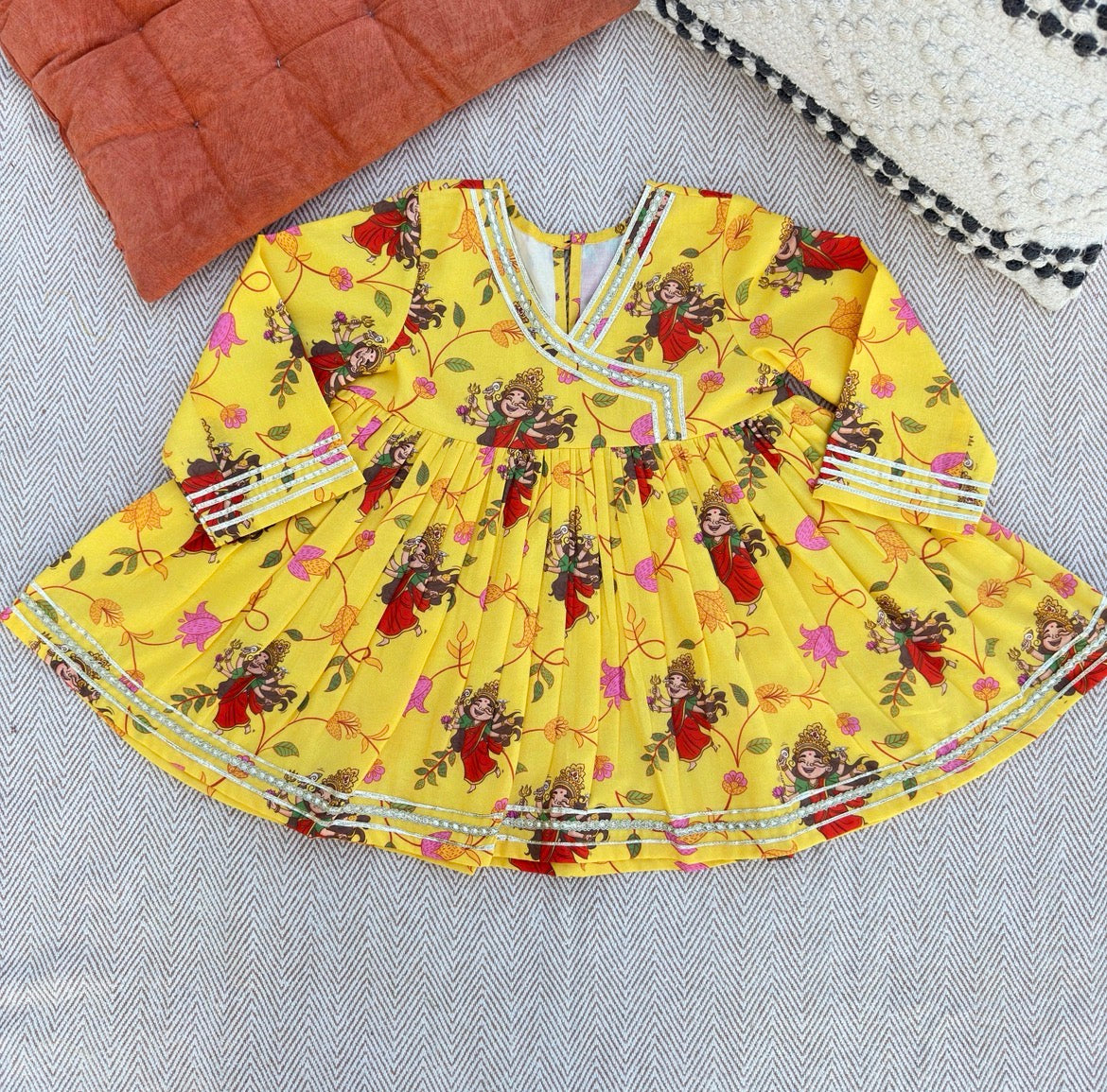 Organic Cotton 'Goddess Ambika' Kurta Set for Girls- Yellow