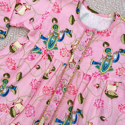 Chanderi Pichwai Print Kurta Set for Girls