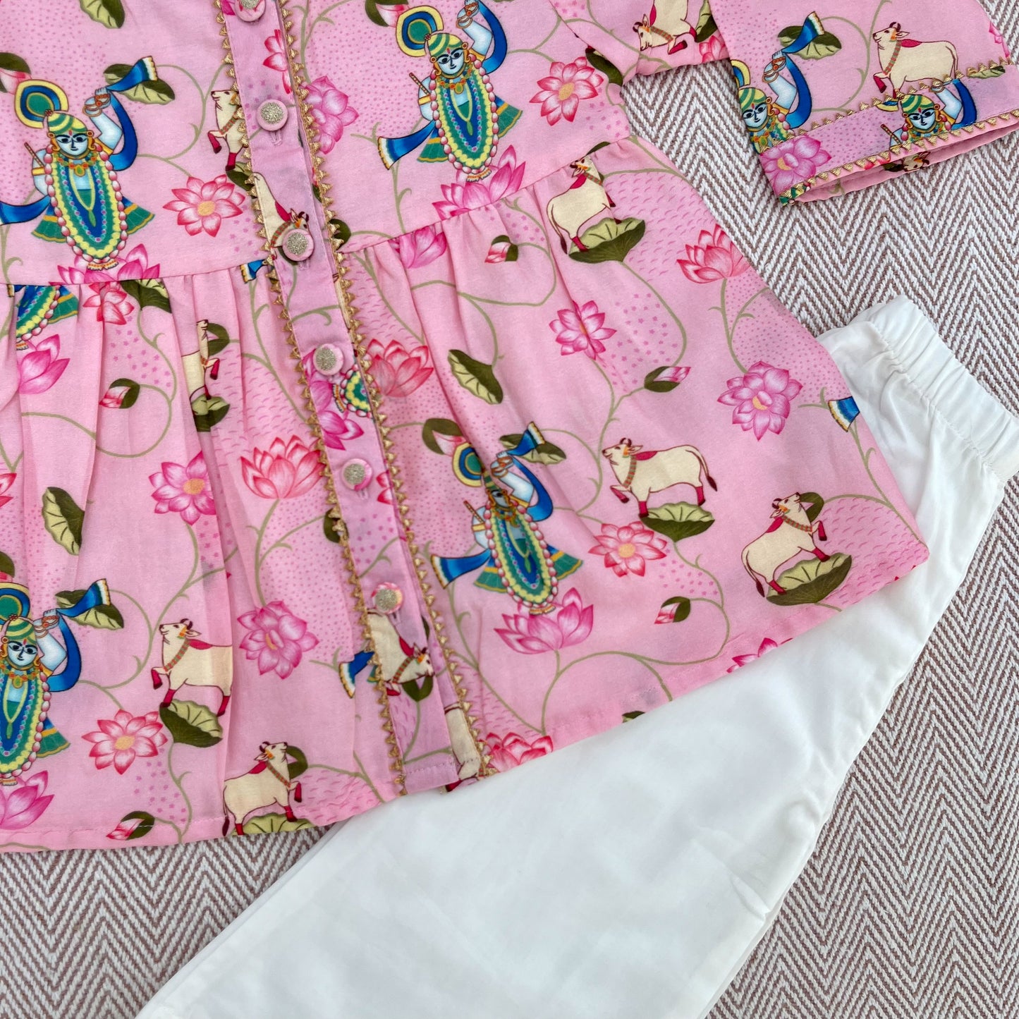 Chanderi Pichwai Print Kurta Set for Girls