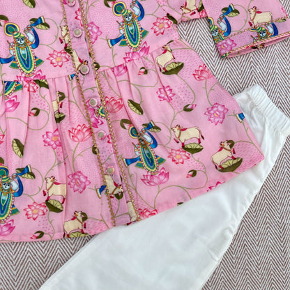Chanderi Pichwai Print Kurta Set for Girls