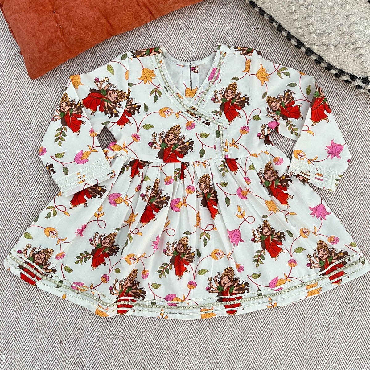 Organic Cotton 'Goddess Ambika' Kurta Set for Girls- White