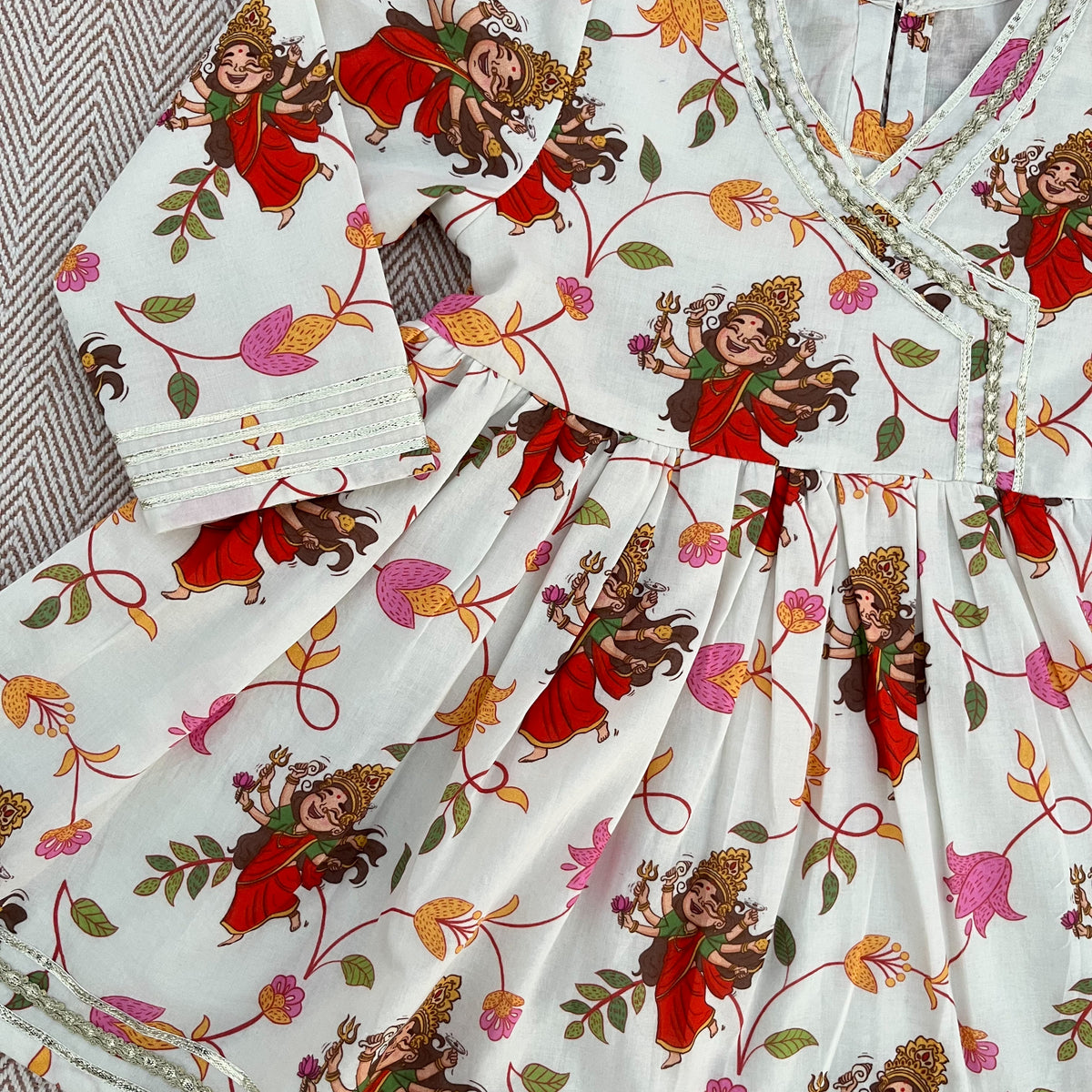 Organic Cotton 'Goddess Ambika' Kurta Set for Girls- White