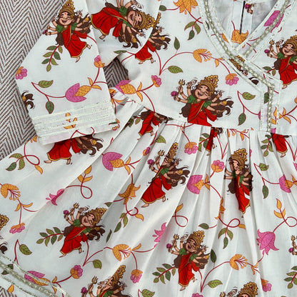 Organic Cotton 'Goddess Ambika' Kurta Set for Girls- White