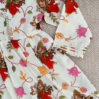 Organic Cotton 'Goddess Ambika' Kurta Set for Girls- White