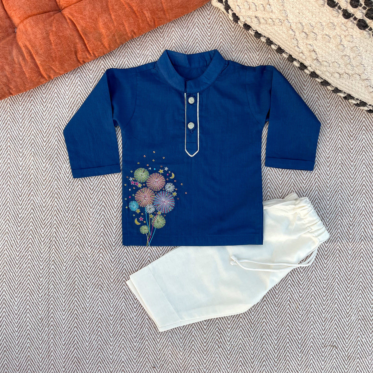 Organic Cotton Voile 'Little Patakha' Embroidered Kurta Set for Boys