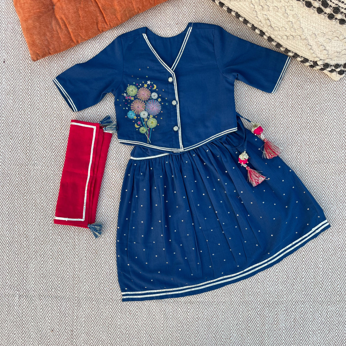Organic Cotton Voile 'Little Patakha' Embroidered Lehenga Choli with Dupatta
