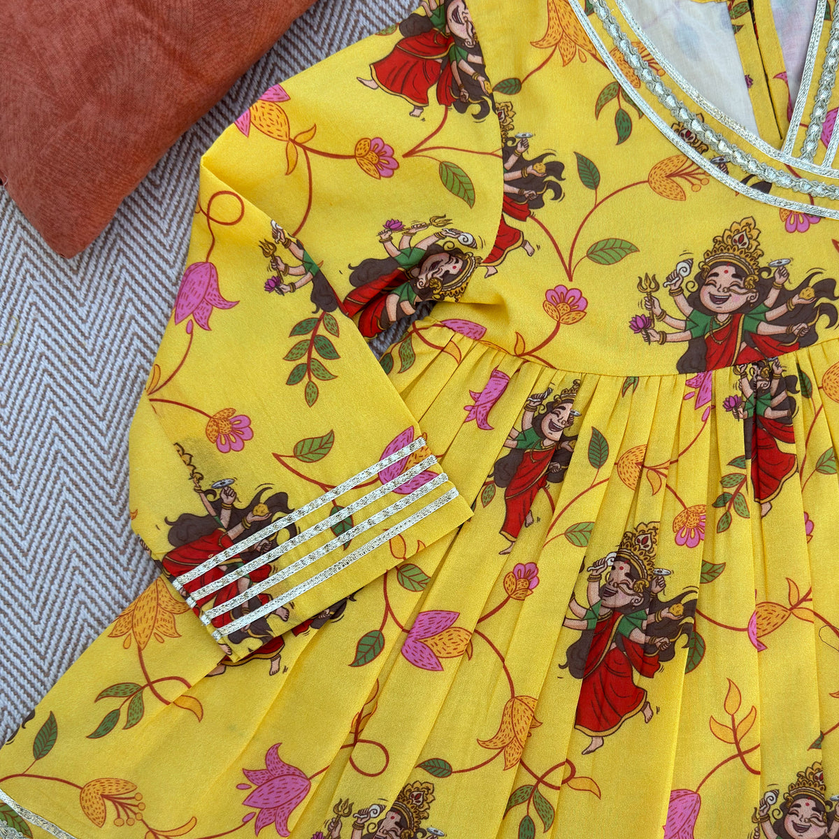 Organic Cotton 'Goddess Ambika' Kurta Set for Girls- Yellow