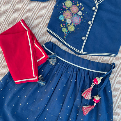 Organic Cotton Voile 'Little Patakha' Embroidered Lehenga Choli with Dupatta