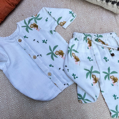 Muslin Full Sleeves Jhabla Set- Monkeying around