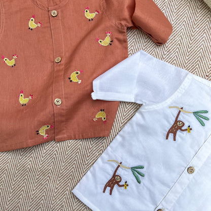 Organic Cotton Full Sleeves Jhabla of two - Monkey and Hen