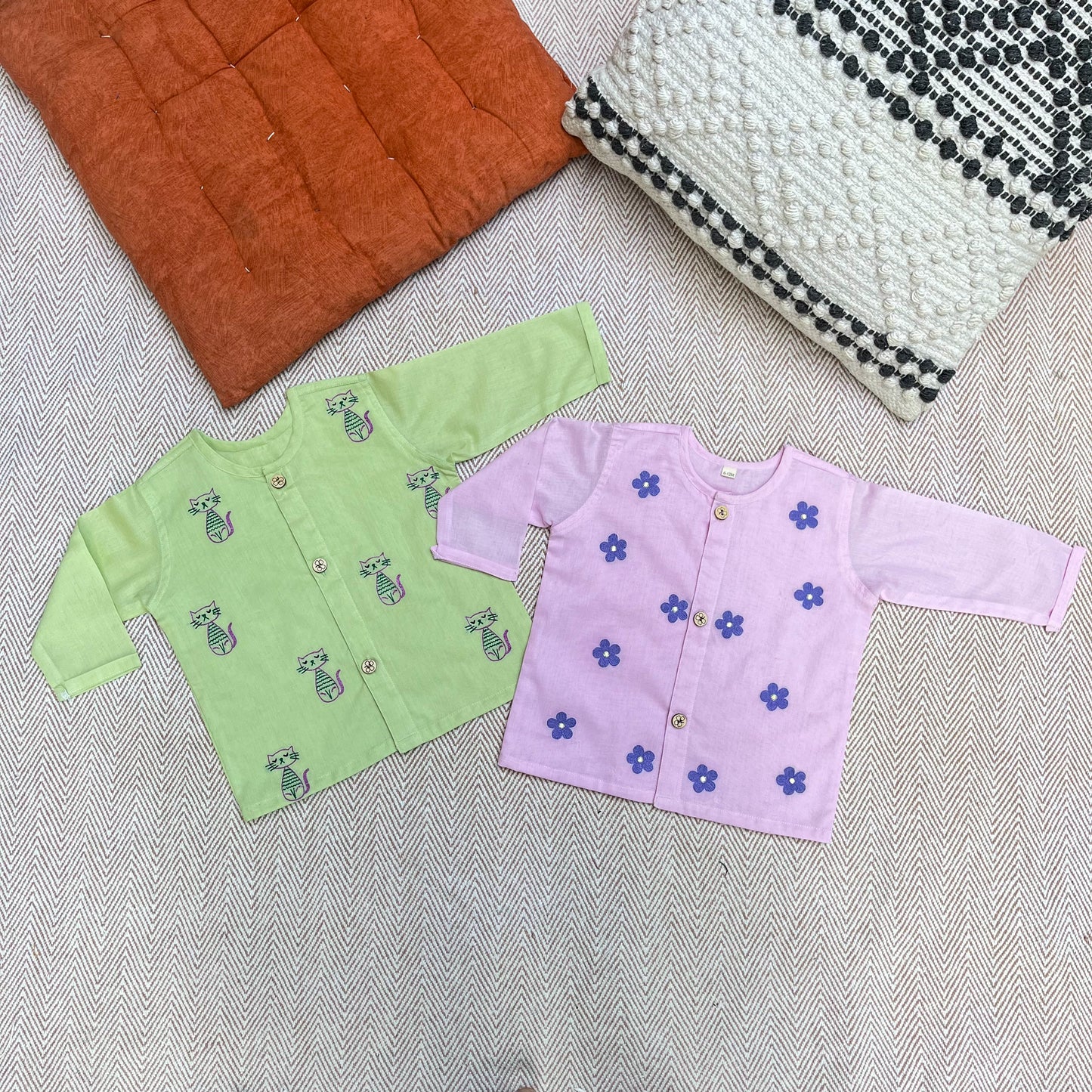 Organic Cotton Full Sleeves Jhabla of two- Daisy and Cat