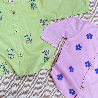 Organic Cotton Full Sleeves Jhabla of two- Daisy and Cat