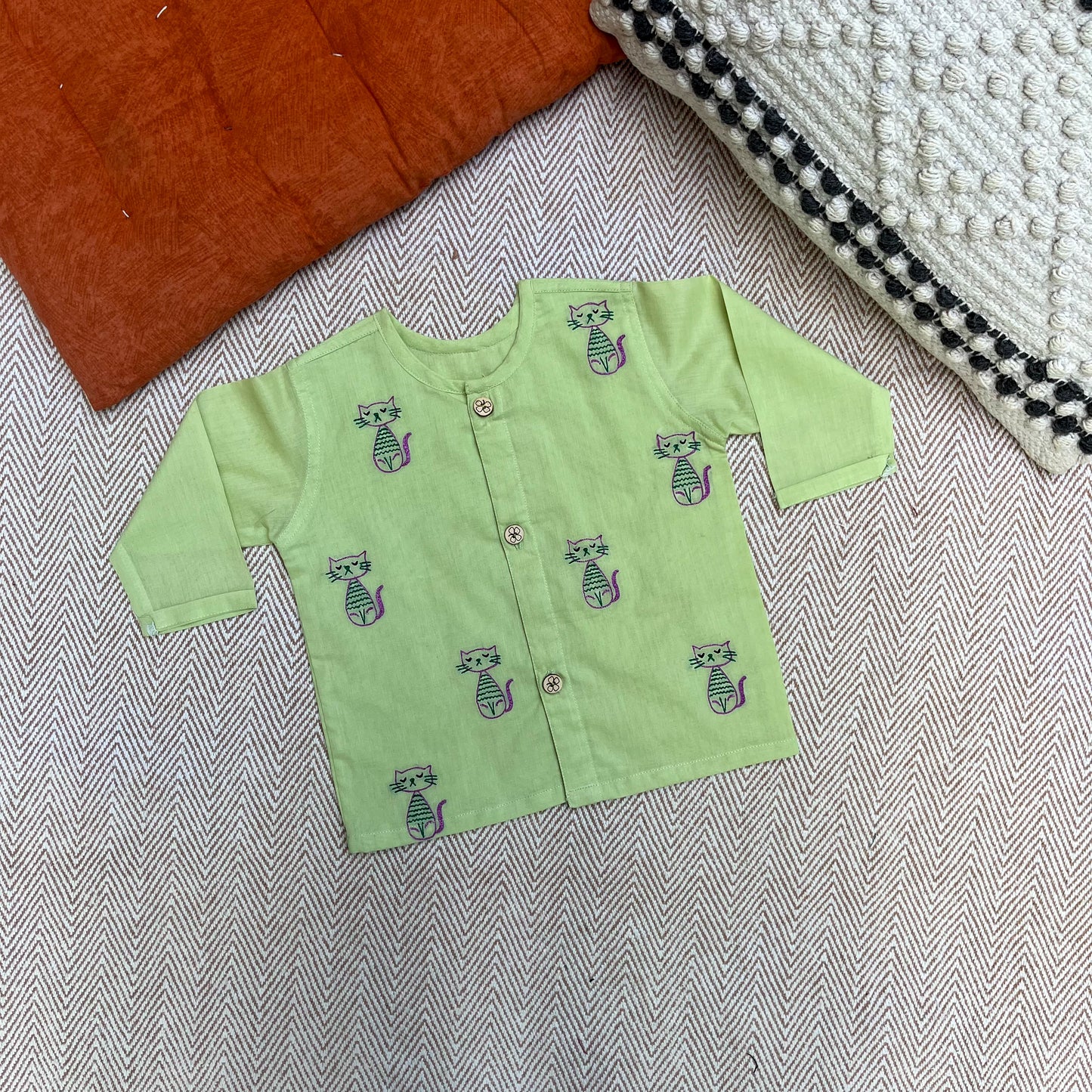 Organic Cotton Full Sleeves Jhabla with Two Pyjamas- cats