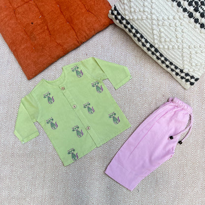 Organic Cotton Full Sleeves Jhabla Set- Cats