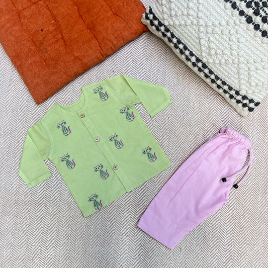 Organic Cotton Full Sleeves Jhabla Set- Cats