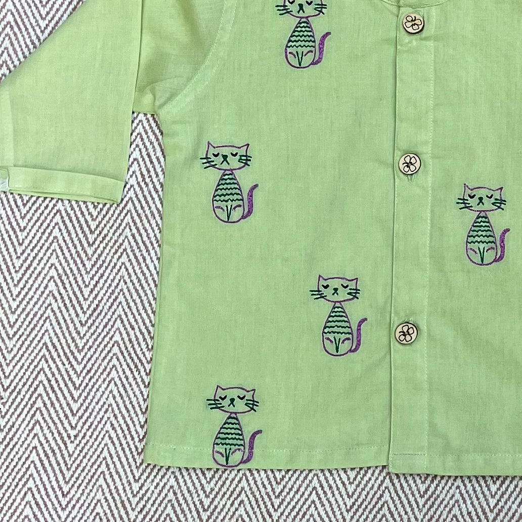 Organic Cotton Full Sleeves Jhabla with Two Pyjamas- cats