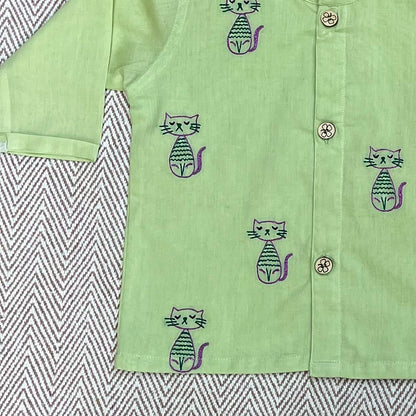 Organic Cotton Full Sleeves Jhabla with Two Pyjamas- cats