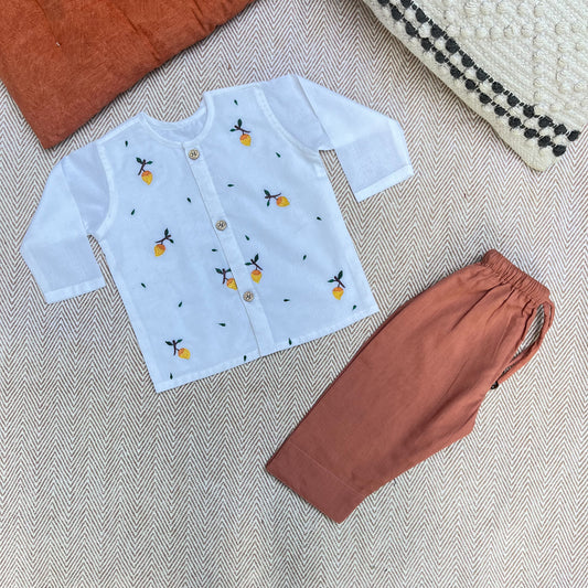 Organic Cotton Full Sleeves Jhabla Set- Mango