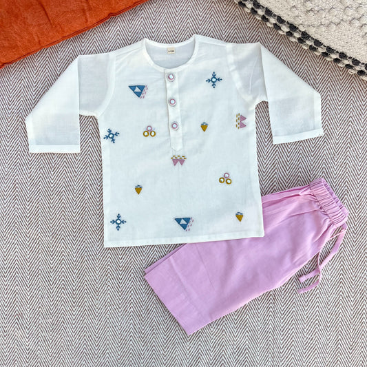 Organic cotton mirror work embroidered kurta set by Bhaakur- perfect festive wear for infants, toddlers and kids.