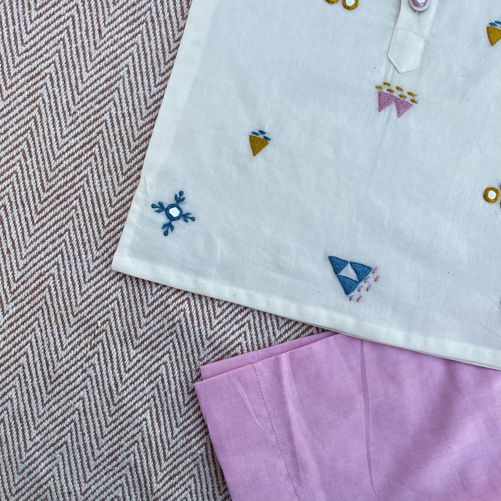 Organic cotton mirror work embroidered kurta set by Bhaakur- perfect festive wear for infants, toddlers and kids.