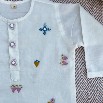 Organic cotton mirror work embroidered kurta set by Bhaakur- perfect festive wear for infants, toddlers and kids.