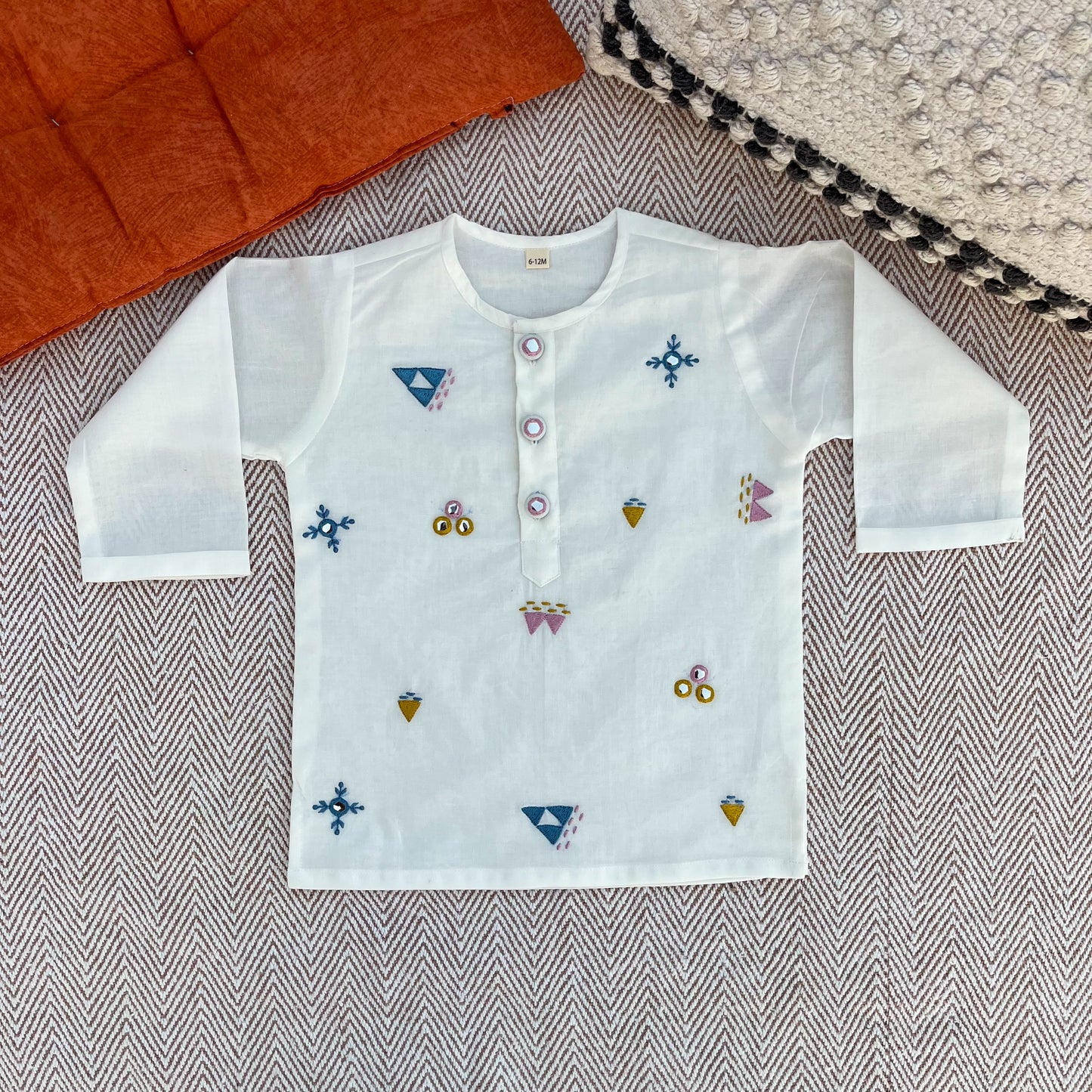 Organic cotton mirror work embroidered kurta set by Bhaakur- perfect festive wear for infants, toddlers and kids.