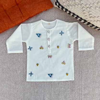 Organic cotton mirror work embroidered kurta set by Bhaakur- perfect festive wear for infants, toddlers and kids.